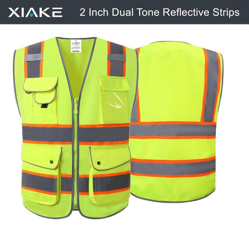 XIAKE 9 Pockets High Visibility Reflective Safety Vest with 2 Inch Dual Tone Reflective Strips,Meets ANSI/ISEA Standard,Neon Yellow,4X-Large - Image 2